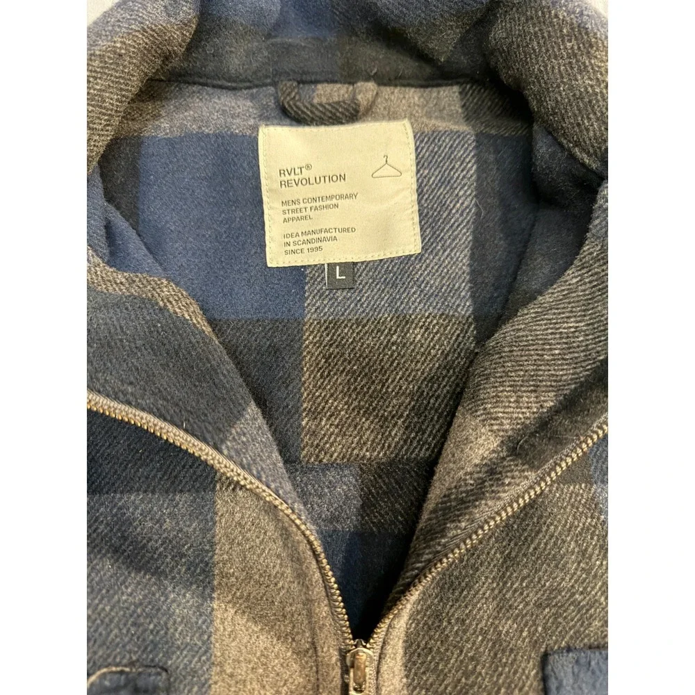 RVLT Revolution Plaid Zip Up Jacket Men's L Blue Gray Flannel Wool Blend #3608